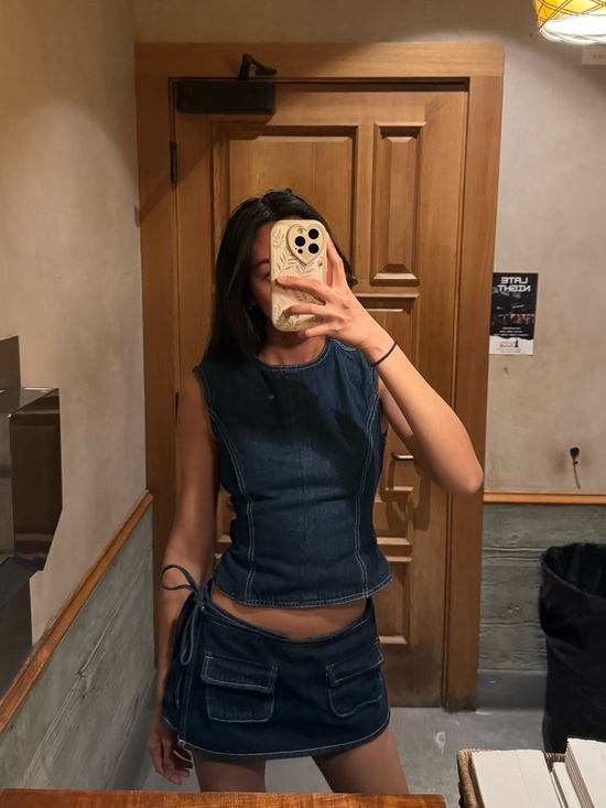 Lioness Tops - Lioness Dark Blue Denim Sleeveless Top and Wrap Mini Skort Set